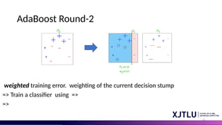 12
AdaBoost Round-2
weighted training error. weighting of the current decision stump
=> Train a classifier using =>
=>
 