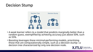 3
Decision Stump
• A weak learner refers to a model that predicts marginally better than a
random guess, exemplified by achieving accuracy just above 50%, such
as 55%.
• Boosting leverages these minimal-performing models, prioritizing
those that are computationally simple, such as a decision stump—a
decision tree characterized by only one decision node.
 