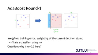 8
AdaBoost Round-1
weighted training error. weighting of the current decision stump
=> Train a classifier using =>
Question: why is w=0.3 here?
 