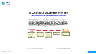 KATA
© 2016 The Leadership Network®
© 2016 Jidoka®
27
WHAT SHOULD YOUR FIRST STEP BE?
The first experiment is often an exploratory experiment
Try runningthe
process as
specified in
the target
condition
See a
bunch of
true
obstacles
Note them
on the
obstacles
parking
lot
Pick one
obstacle
Start your
single-factor
PDCA cycles
First PDCA
cycle
Second
PDCA cycle
One elegant tactic for a first step is to try to run the process as
described in the target condition. We already know it wonʼt work,
but you are at a knowledge threshold right now. That is, you may
only have conjecture about what first step to take. An exploratory
experiment like this gets true obstacles to reveal themselves, so
you know scientifically what you need to work on.
© Mike Rother / Improvement Kata Handbook Iterate Toward the Target Condition
 