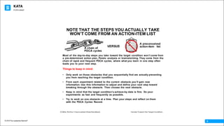 KATA
© 2016 The Leadership Network®
© 2016 Jidoka®
8
NOTE THAT THE STEPS YOU ACTUALLY TAKE
WONʼT COME FROM AN ACTION-ITEM LIST
Most of the day-to-day steps you take toward the target condition wonʼt come from
a pre-determined action plan, Pareto analysis or brainstorming. They come from the
chain of rapid and frequent PDCA cycles, where what you learn in one step often
leads you to your next step.
Things to keep in mind:
• Only work on those obstacles that you sequentially find are actually preventing
you from reaching the target condition.
• From each experiment related to the current obstacle youʼll gain new
information. Use this information to adjust and define your next step toward
breaking through the obstacle. Then choose the next obstacle.
• Keep in mind that the target conditionʼs achieve-by date is firm. Do your
experiments as fast and frequently as possible.
• Try to work on one obstacle at a time. Plan your steps and reflect on them
with the PDCA Cycles Record.
A chain of
PDCA cycles
© Mike Rother / Improvement Kata Handbook Iterate Toward the Target Condition
VERSUS
A preconceived
action-item list
 