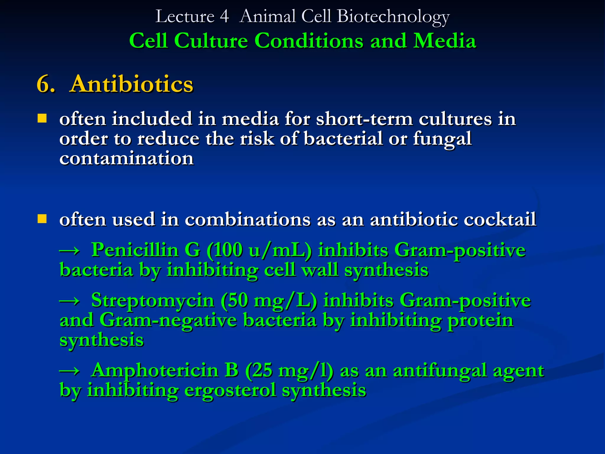 Lecture 4  Animal Cell Biotechnology Cell Culture Conditions and Media 6.  Antibiotics often included in media for short-term cultures in order to reduce the risk of bacterial or fungal contamination often used in combinations as an antibiotic cocktail ->  Penicillin G (100 u/mL) inhibits Gram-positive bacteria by inhibiting cell wall synthesis ->  Streptomycin (50 mg/L) inhibits Gram-positive and Gram-negative bacteria by inhibiting protein synthesis ->  Amphotericin B (25 mg/l) as an antifungal agent by inhibiting ergosterol synthesis 