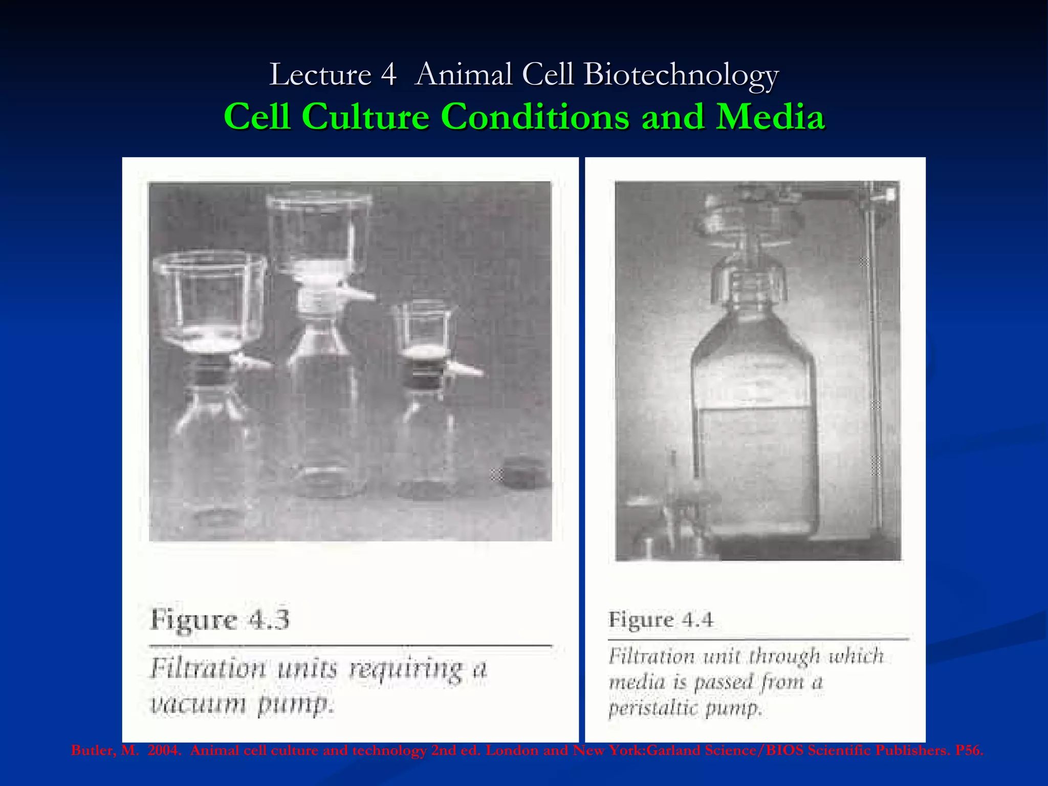 Lecture 4  Animal Cell Biotechnology Cell Culture Conditions and Media Butler, M.  2004.  Animal cell culture and technology 2nd ed. London and New York:Garland Science/BIOS Scientific Publishers. P56. 