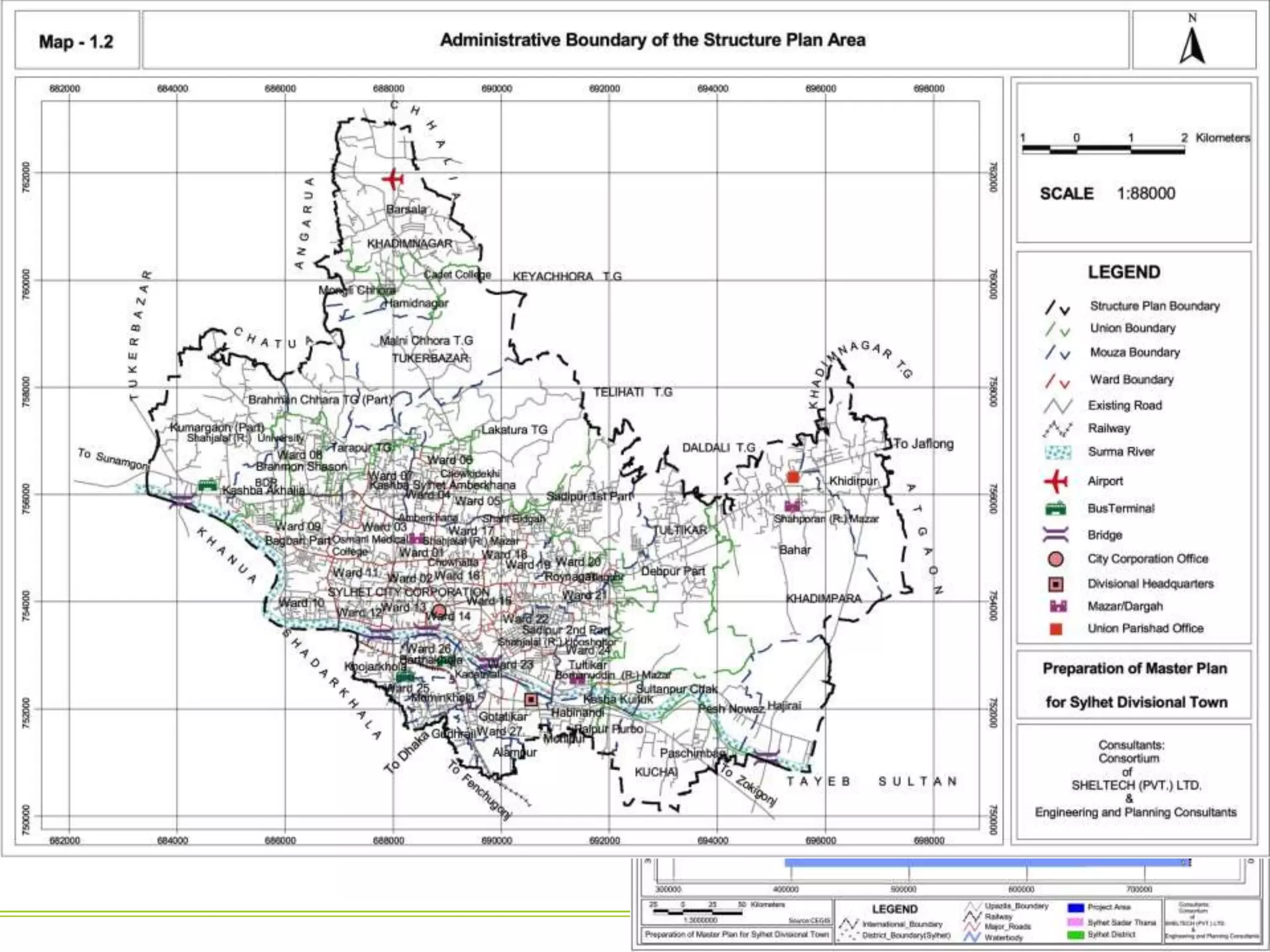 Master Plan
Structure Plan Area
The Sylhet City is governed by a City Corporation
comprising 27 Wards and 278 Mahallahs and with an area of
26.5 sq. km.
The proposed Structure Plan area has been estimated to
be 85.18 sq. km or 21,039 acres that includes, apart from
the City Corporation, the potential urban areas within its
vicinity.
 