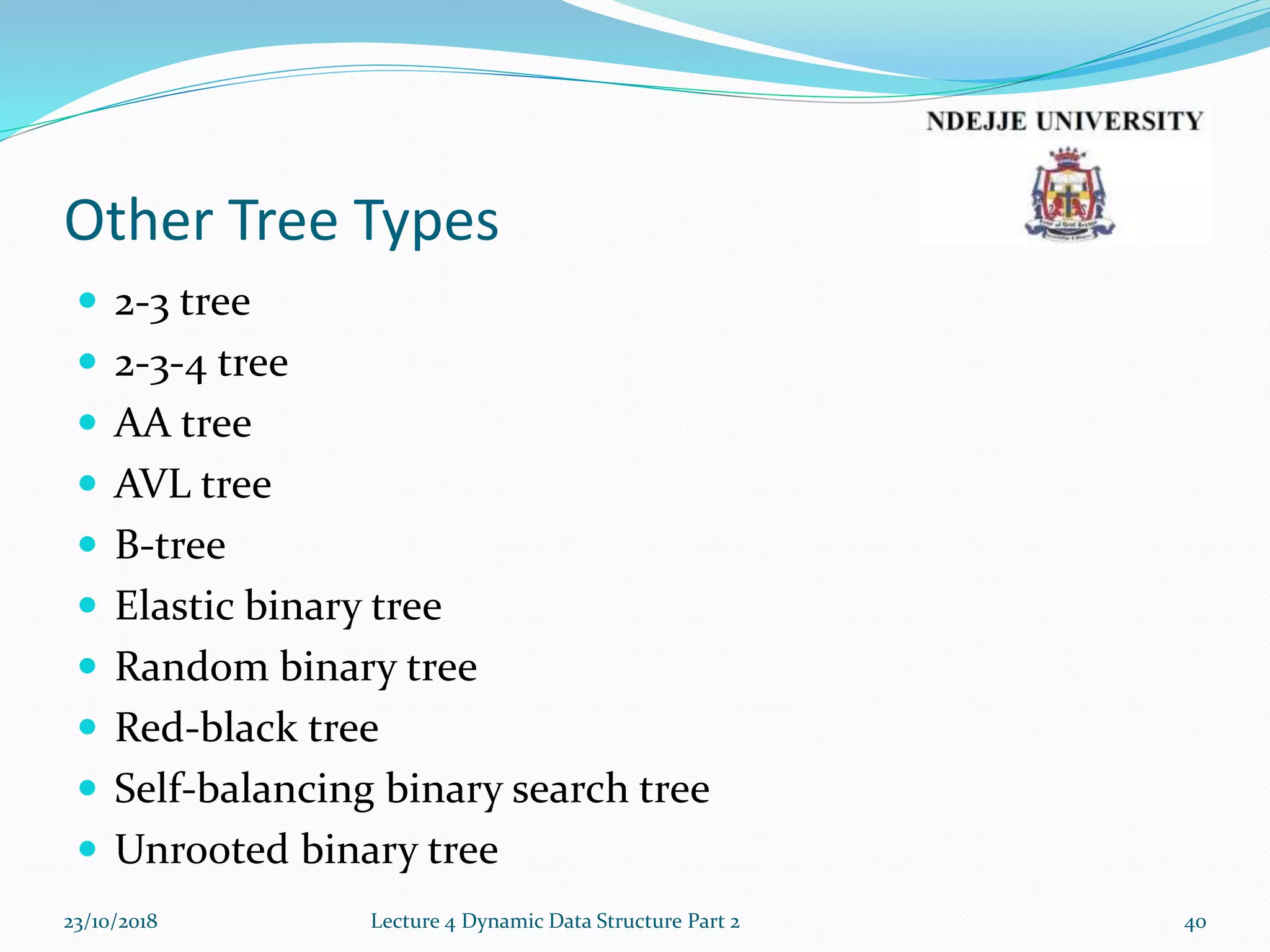 Other Tree Types
 2-3 tree
 2-3-4 tree
 AA tree
 AVL tree
 B-tree
 Elastic binary tree
 Random binary tree
 Red-black tree
 Self-balancing binary search tree
 Unrooted binary tree
23/10/2018 Lecture 4 Dynamic Data Structure Part 2 40
 