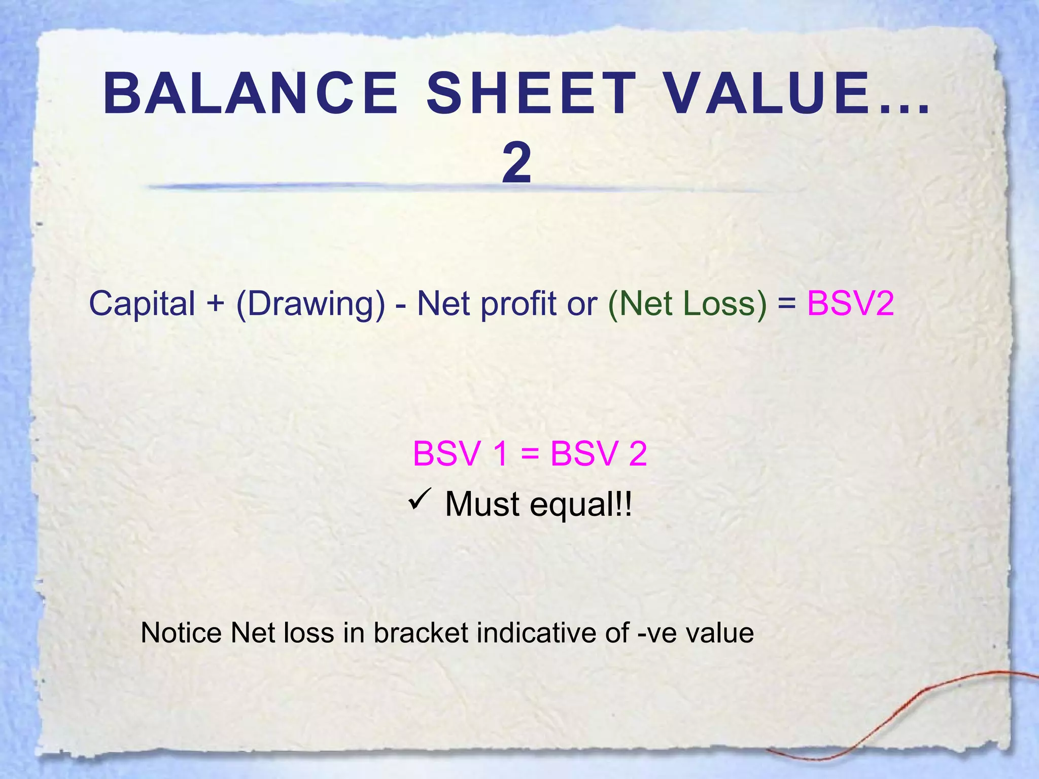 BALANCE SHEET VALUE…2 Capital + (Drawing) - Net profit or  (Net Loss)  =  BSV2   BSV 1 = BSV 2   Must equal!! Notice Net loss in bracket indicative of -ve value 