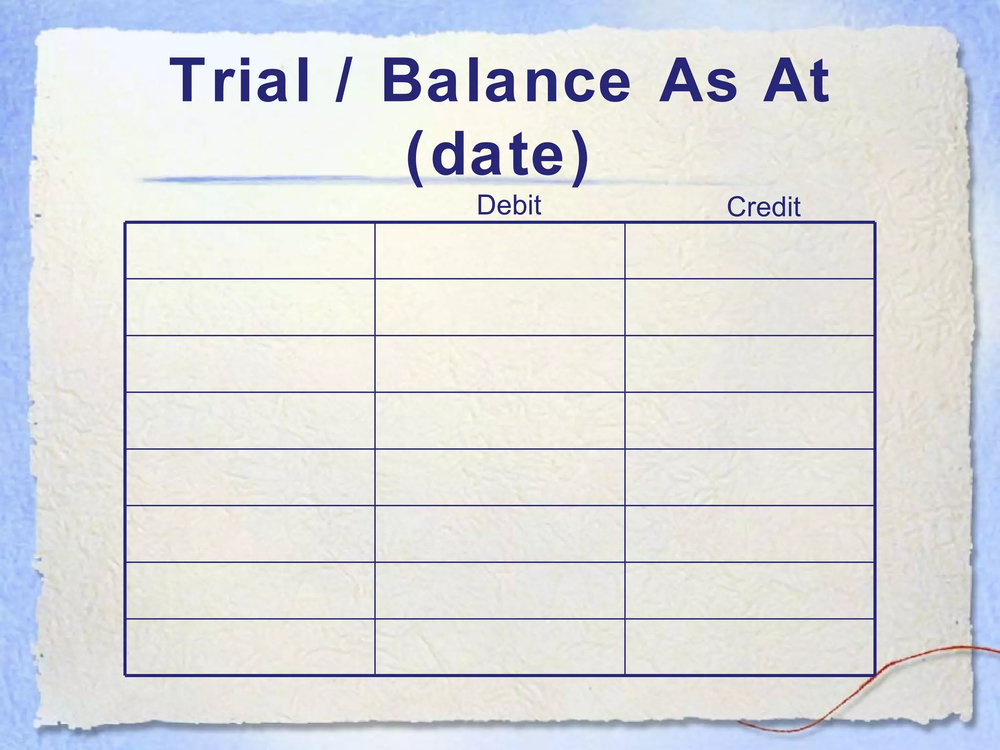 Trial / Balance As At (date) Debit Credit 