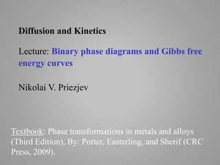 Textbook: Phase transformations in metals and alloys
(Third Edition), By: Porter, Easterling, and Sherif (CRC
Press, 2009).
Diffusion and Kinetics
Lecture: Binary phase diagrams and Gibbs free
energy curves
Nikolai V. Priezjev
 