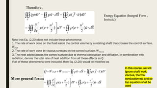 Therefore ,
Energy Equation (Integral Form ,
Inviscid)
More general form:
Note that Eq. (2.20) does not include these phenomena:
1. The rate of work done on the fluid inside the control volume by a rotating shaft that crosses the control surface.
Wshaft
2. The rate of work done by viscous stresses on the control surface, Wviscous
3. The heat added across the control surface due to thermal conduction and diffusion. In combination with
radiation, denote the total rate of heat addition from all these effects as Q.
If all of these phenomena were included, then Eq. (2.20) would be modified as
In this course, we will
ignore shaft work,
viscous, thermal
conduction etc and so
top equation shall be
used
 