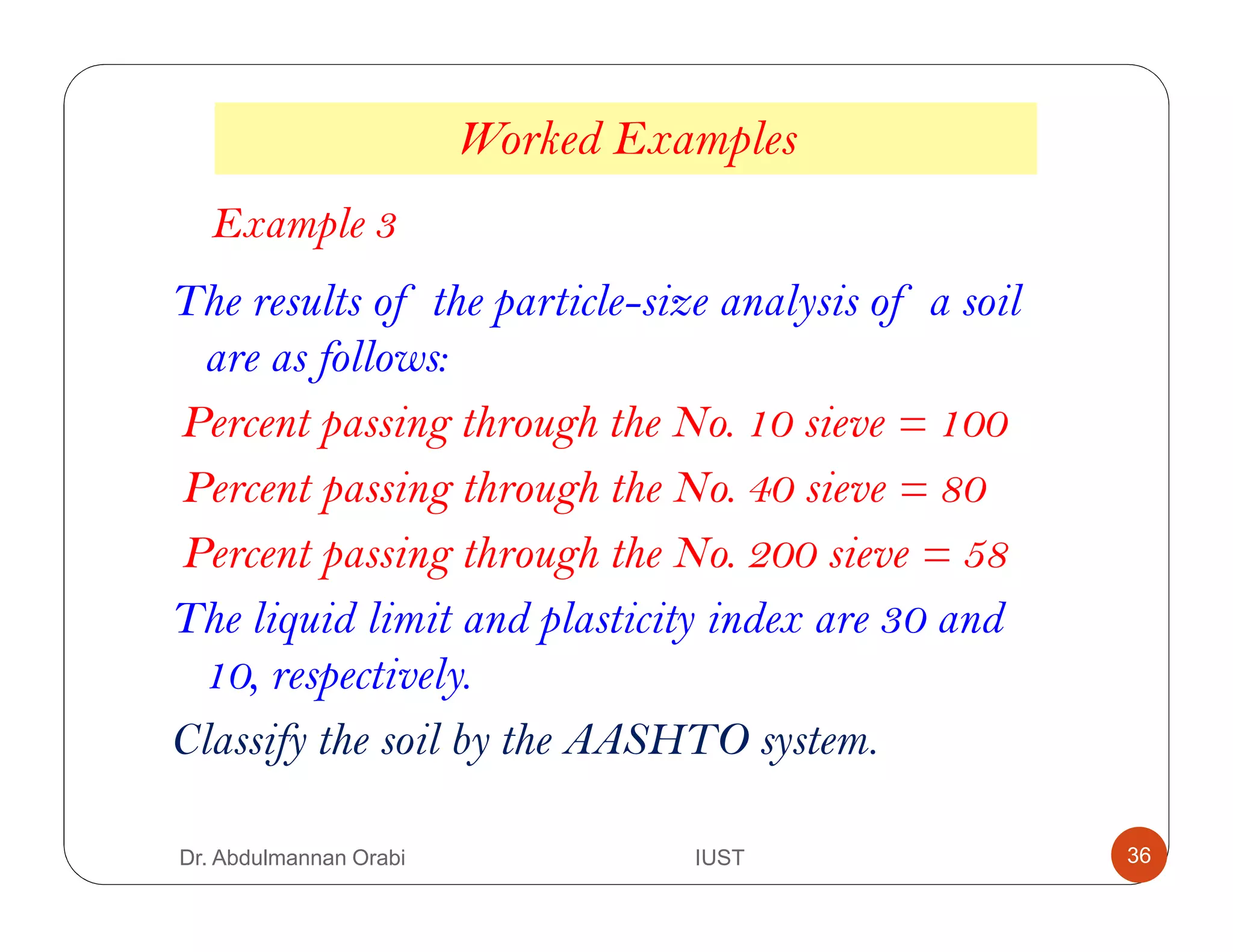 The results of the particle-size analysis of a soil
are as follows:
Percent passing through the No. 10 sieve = 100
Percent passing through the No. 40 sieve = 80
Percent passing through the No. 200 sieve = 58
The liquid limit and plasticity index are 30 and
10, respectively.
Classify the soil by the AASHTO system.
Worked Examples
Example 3
Dr. Abdulmannan Orabi IUST 36
 