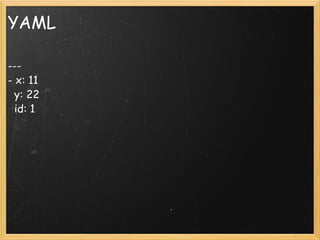 YAML ---  - x: 11    y: 22    id: 1 