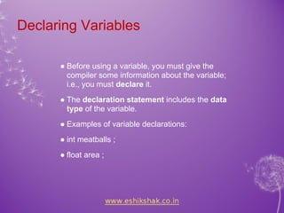 Declaring Variables

      ● Before using a variable, you must give the
        compiler some information about the variable;
        i.e., you must declare it.
      ● The declaration statement includes the data
        type of the variable.
      ● Examples of variable declarations:
      ● int meatballs ;
      ● float area ;
 