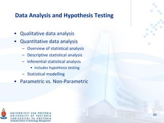 21
Data Analysis and Hypothesis Testing
• Qualitative data analysis
• Quantitative data analysis
– Overview of statistical analysis
– Descriptive statistical analysis
– Inferential statistical analysis
• includes hypothesis testing
– Statistical modelling
• Parametric vs. Non-Parametric
 