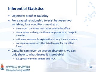 Inferential Statistics
• Objective: proof of causality
• For a causal relationship to exist between two
variables, four conditions must exist:
– time order: the cause must exist before the effect
– co-variation: a change in the cause produces a change in
the effect
– rationale: reasonable explanation of why they are related
– non-spuriousness: no other (rival) cause for the effect
found
• Causality can never be proven absolutely, we can
only show to what degree it is probable!
– e.g. global warming debate and IPCC
32
 