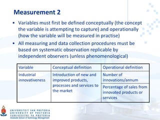 Measurement 2
• Variables must first be defined conceptually (the concept
the variable is attempting to capture) and operationally
(how the variable will be measured in practise)
• All measuring and data collection procedures must be
based on systematic observation replicable by
independent observers (unless phenomenological)
Variable Conceptual definition Operational definition
Industrial
innovativeness
Introduction of new and
improved products,
processes and services to
the market
Number of
innovations/annum
Percentage of sales from
innovated products or
services
 