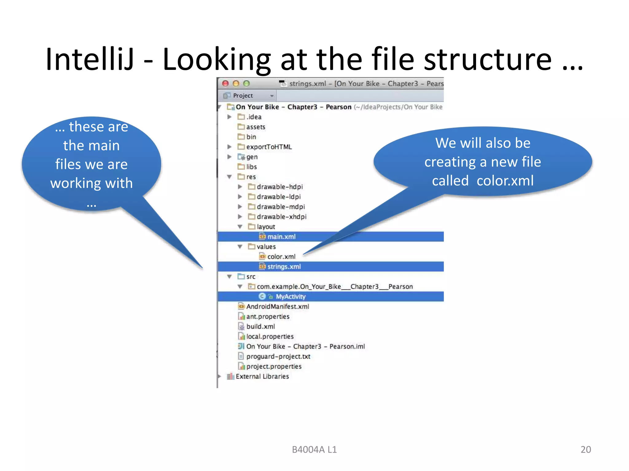 IntelliJ - Looking at the file structure … 
B4004A L1 20 
… these are 
the main 
files we are 
working with 
… 
We will also be 
creating a new file 
called color.xml 
 