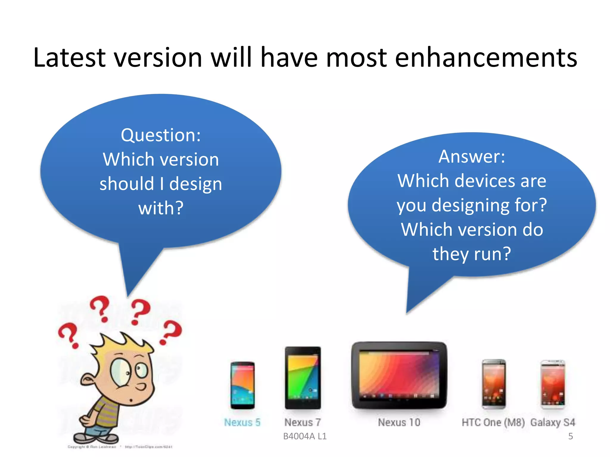Latest version will have most enhancements 
B4004A L1 5 
Question: 
Which version 
should I design 
with? 
Answer: 
Which devices are 
you designing for? 
Which version do 
they run? 
 