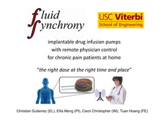 implantable drug infusion pumps
                     with remote physician control
                   for chronic pain patients at home

            “the right dose at the right time and place”




Christian Gutierrez (EL), Ellis Meng (PI), Carol Christopher (IM), Tuan Hoang (FE)
 