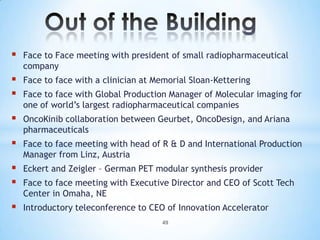    Face to Face meeting with president of small radiopharmaceutical
    company
   Face to face with a clinician at Memorial Sloan-Kettering
   Face to face with Global Production Manager of Molecular imaging for
    one of world’s largest radiopharmaceutical companies
   OncoKinib collaboration between Geurbet, OncoDesign, and Ariana
    pharmaceuticals
   Face to face meeting with head of R & D and International Production
    Manager from Linz, Austria
   Eckert and Zeigler – German PET modular synthesis provider
   Face to face meeting with Executive Director and CEO of Scott Tech
    Center in Omaha, NE
   Introductory teleconference to CEO of Innovation Accelerator
                                      49
 