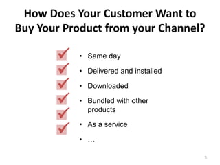How Does Your Customer Want to
Buy Your Product from your Channel?

          • Same day

          • Delivered and installed

          • Downloaded

          • Bundled with other

            products

           • As a service
          • …

                                       5
 
