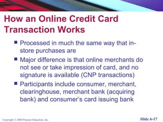 How an Online Credit Card
 Transaction Works
              Processed in much the same way that in-
               store purchases are
              Major difference is that online merchants do
               not see or take impression of card, and no
               signature is available (CNP transactions)
              Participants include consumer, merchant,
               clearinghouse, merchant bank (acquiring
               bank) and consumer’s card issuing bank


Copyright © 2004 Pearson Education, Inc.                 Slide 6-17
 