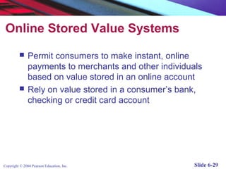 Online Stored Value Systems
              Permit consumers to make instant, online
               payments to merchants and other individuals
               based on value stored in an online account
              Rely on value stored in a consumer’s bank,
               checking or credit card account




Copyright © 2004 Pearson Education, Inc.                Slide 6-29
 