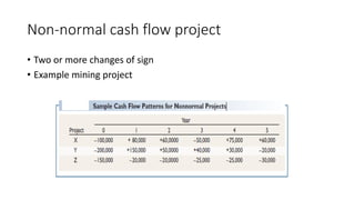 Non-normal cash flow project
• Two or more changes of sign
• Example mining project
 