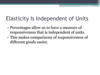 Elasticity Is Independent of Units 
• Percentages allow us to have a measure of 
responsiveness that is independent of units. 
• This makes comparisons of responsiveness of 
different goods easier. 
 