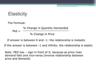 Elasticity 
The Formula: 
Ped = 
% Change in Quantity Demanded 
___________________________ 
% Change in Price 
If answer is between 0 and -1: the relationship is inelastic 
If the answer is between -1 and infinity: the relationship is elastic 
Note: PED has – sign in front of it; because as price rises 
demand falls and vice-versa (inverse relationship between 
price and demand) 
 