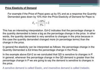 Price Elasticity of Demand 
For example if the Price of Pepsi goes up by 5% and as a response the Quantity 
Demanded goes down by 10% then the Price Elasticity of Demand for Pepsi is: 
-10% 
E   
2 
d 5% This has an interesting interpretation. Ed=2 indicates that the percentage change in 
the quantity demanded is twice a big as the percentage change in the price. In other 
words, the quantity demanded is very sensitive to changes in the price because in 
this case the quantity demanded changed more (in percentage terms) than the 
change in the price. 
In general the elasticity can be interpreted as follows: the percentage change in the 
Quantity Demanded is Ed times the percentage change in the Price. 
In the example above Ed=2 so we concluded that QD is sensitive to changes in P. 
In general, whenever the percentage change in the QD demand is greater than the 
percentage change in P we are going to say the demand is sensitive to changes in 
the price. 
A sensitive demand is called Elastic, and insensitive demand is called Inelastic. 
 