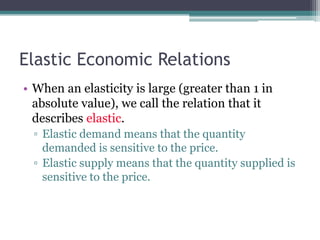 Elastic Economic Relations 
• When an elasticity is large (greater than 1 in 
absolute value), we call the relation that it 
describes elastic. 
▫ Elastic demand means that the quantity 
demanded is sensitive to the price. 
▫ Elastic supply means that the quantity supplied is 
sensitive to the price. 
 
