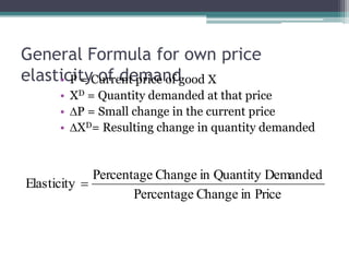 General Formula for own price 
elasti•cPi t=y C ourfr ednte pmricaen odf good X 
• XD = Quantity demanded at that price 
• DP = Small change in the current price 
• DXD= Resulting change in quantity demanded 
Percentage Change in Quantity Demanded 
Percentage Change in Price 
Elasticity  
 