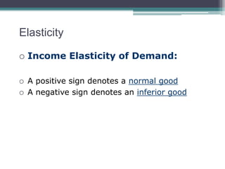 Elasticity 
 Income Elasticity of Demand: 
 A positive sign denotes a normal good 
 A negative sign denotes an inferior good 
 