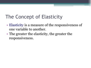 The Concept of Elasticity 
• Elasticity is a measure of the responsiveness of 
one variable to another. 
• The greater the elasticity, the greater the 
responsiveness. 
 