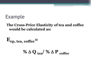 Example 
The Cross-Price Elasticity of tea and coffee 
would be calculated as: 
Ecp, tea, coffee= 
% D Q tea/ % D P coffee 
 