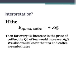 Interpretation? 
If the 
Ecp, tea, coffee = + .65 
Then for every 1% increase in the price of 
coffee, the Qd of tea would increase .65%. 
We also would know that tea and coffee 
are substitutes 
 