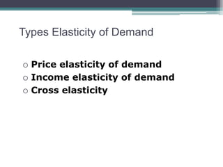 Types Elasticity of Demand 
 Price elasticity of demand 
 Income elasticity of demand 
 Cross elasticity 
 