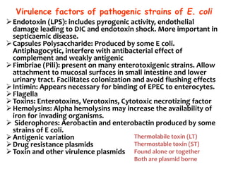 Endotoxin (LPS): includes pyrogenic activity, endothelial
damage leading to DIC and endotoxin shock. More important in
septicaemic disease.
Capsules Polysaccharide: Produced by some E coli.
Antiphagocytic, interfere with antibacterial effect of
complement and weakly antigenic
Fimbriae (Pili): present on many enterotoxigenic strains. Allow
attachment to mucosal surfaces in small intestine and lower
urinary tract. Facilitates colonization and avoid flushing effects
Intimin: Appears necessary for binding of EPEC to enterocytes.
Flagella
Toxins: Enterotoxins, Verotoxins, Cytotoxic necrotizing factor
Hemolysins: Alpha hemolysins may increase the availability of
iron for invading organisms.
 Siderophores: Aerobactin and enterobactin produced by some
strains of E coli.
Antigenic variation
Drug resistance plasmids
Toxin and other virulence plasmids
Thermolabile toxin (LT)
Thermostable toxin (ST)
Found alone or together
Both are plasmid borne
Virulence factors of pathogenic strains of E. coli
 