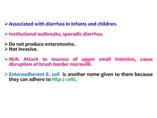 Associated with diarrhea in infants and children.
Institutional outbreaks, sporadic diarrhea.
Do not produce enterotoxins.
Not invasive.
M/A: Attach to mucosa of upper small intestine, cause
disruption of brush border microvilli.
Enteroadherent E. coli is another name given to them because
they can adhere to HEp-2 cells.
 