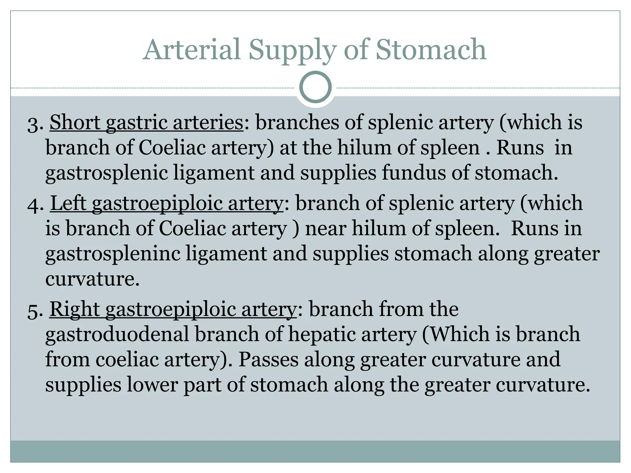 Arterial Supply of Stomach
3. Short gastric arteries: branches of splenic artery (which is
branch of Coeliac artery) at the hilum of spleen . Runs in
gastrosplenic ligament and supplies fundus of stomach.
4. Left gastroepiploic artery: branch of splenic artery (which
is branch of Coeliac artery ) near hilum of spleen. Runs in
gastrospleninc ligament and supplies stomach along greater
curvature.
5. Right gastroepiploic artery: branch from the
gastroduodenal branch of hepatic artery (Which is branch
from coeliac artery). Passes along greater curvature and
supplies lower part of stomach along the greater curvature.
 