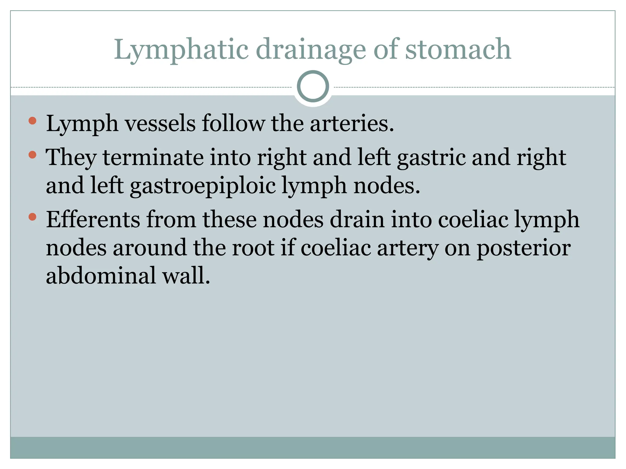 Lymphatic drainage of stomach
 Lymph vessels follow the arteries.
 They terminate into right and left gastric and right
and left gastroepiploic lymph nodes.
 Efferents from these nodes drain into coeliac lymph
nodes around the root if coeliac artery on posterior
abdominal wall.
 