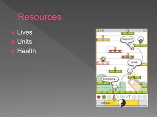  Lives
 Units
 Health
 