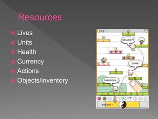  Lives
 Units
 Health
 Currency
 Actions
 Objects/inventory
 