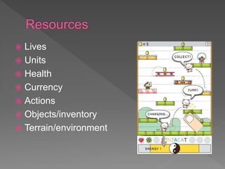  Lives
 Units
 Health
 Currency
 Actions
 Objects/inventory
 Terrain/environment
 