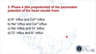 3. Phase 4 (the prepotential) of the pacemaker
potential of the heart results from:
a) K+ influx and Ca2+ influx
b) Na+ influx and Ca2+ influx
c) Na+ influx and Cl− influx
d) Cl− influx and K+ influx
B
 