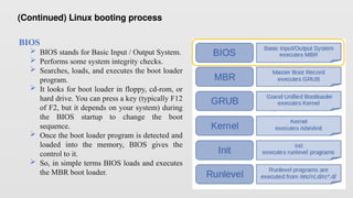 (Continued) Linux booting process
BIOS
 BIOS stands for Basic Input / Output System.
 Performs some system integrity checks.
 Searches, loads, and executes the boot loader
program.
 It looks for boot loader in floppy, cd-rom, or
hard drive. You can press a key (typically F12
of F2, but it depends on your system) during
the BIOS startup to change the boot
sequence.
 Once the boot loader program is detected and
loaded into the memory, BIOS gives the
control to it.
 So, in simple terms BIOS loads and executes
the MBR boot loader.
 