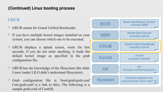 GRUB
 GRUB stands for Grand Unified Bootloader.
 If you have multiple kernel images installed on your
system, you can choose which one to be executed.
 GRUB displays a splash screen, waits for few
seconds, if you do not enter anything, it loads the
default kernel image as specified in the grub
configuration file.
 GRUB has the knowledge of the filesystem (the older
Linux loader LILO didn’t understand filesystem).
 Grub configuration file is /boot/grub/grub.conf
(/etc/grub.conf is a link to this). The following is a
sample grub.conf of CentOS.
(Continued) Linux booting process
 