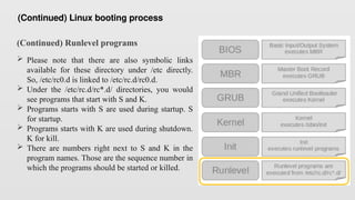 (Continued) Runlevel programs
 Please note that there are also symbolic links
available for these directory under /etc directly.
So, /etc/rc0.d is linked to /etc/rc.d/rc0.d.
 Under the /etc/rc.d/rc*.d/ directories, you would
see programs that start with S and K.
 Programs starts with S are used during startup. S
for startup.
 Programs starts with K are used during shutdown.
K for kill.
 There are numbers right next to S and K in the
program names. Those are the sequence number in
which the programs should be started or killed.
(Continued) Linux booting process
 