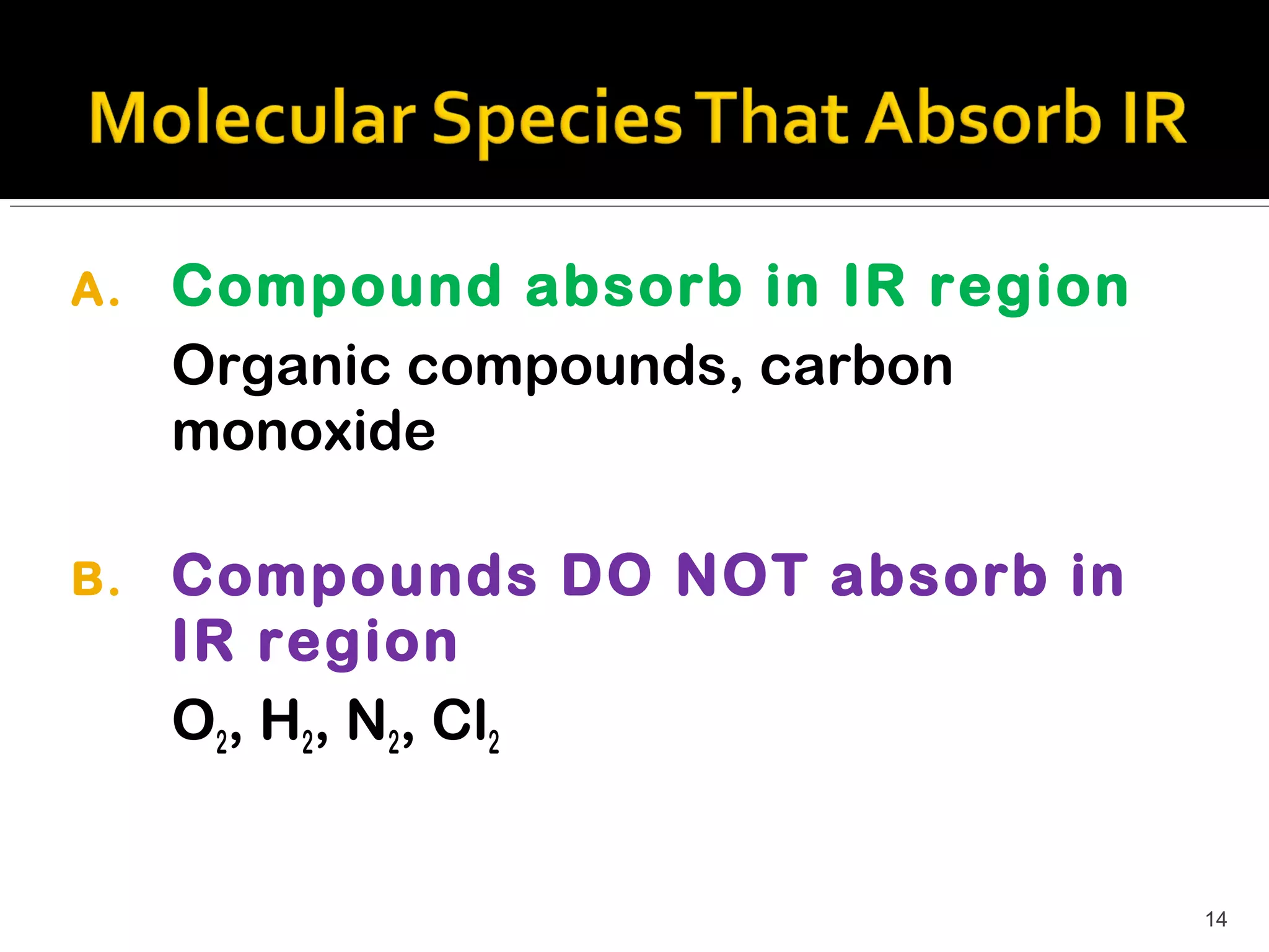 A.   Compound absorb in IR region
     Organic compounds, carbon
     monoxide

B.   Compounds DO NOT absorb in
     IR region
     O2, H2, N2, Cl2


                                    14
 