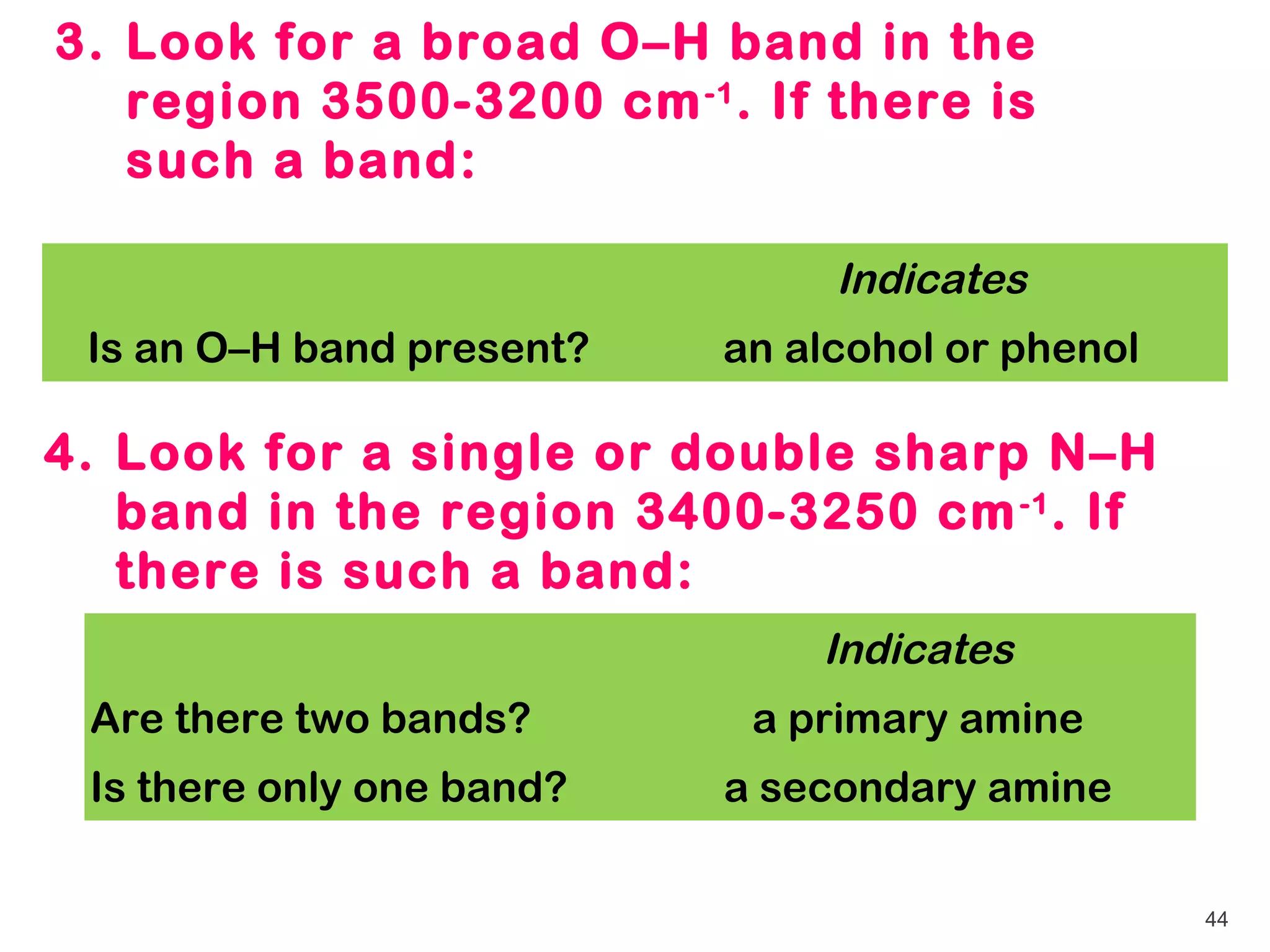 3. Look for a broad O–H band in the
   region 3500-3200 cm -1 . If there is
   such a band:

                                Indicates
 Is an O–H band present?   an alcohol or phenol

4. Look for a single or double sharp N–H
   band in the region 3400-3250 cm -1 . If
   there is such a band:
                               Indicates
 Are there two bands?       a primary amine
 Is there only one band?   a secondary amine

                                                  44
 